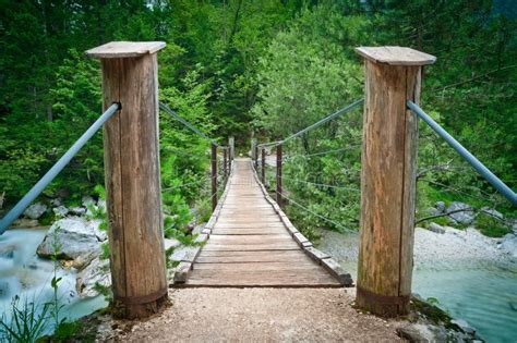 Hanging Wooden Bridge Over Mountain River Stock Photo Image Of Path