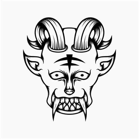 Scary Demon Head Illustration With Line Art Style Horns And Fangs