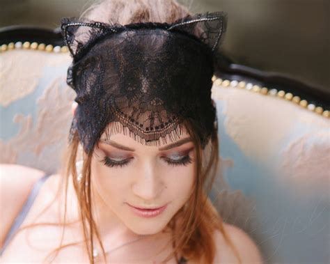 Black Birdcage Veil Headband Lace Cat Ears Face Mask Sexy Etsy