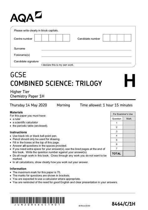 Aqa Gcse Combined Science Trilogy Higher Tier Chemistry Paper 1h 2020