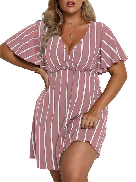 Lumento Women Striped Mini Dresses Plus Size Beach Dresses V Neck Short Sleeve Summer Short