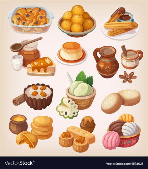 Cake, sweet drinks, pudding, and even ice cream! Colorful traditional mexican desserts Royalty Free Vector