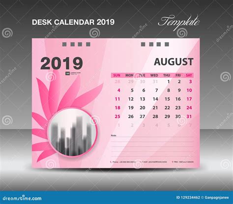 Calendar 2019 August Month Desk Calendar Template Vector Design Pink