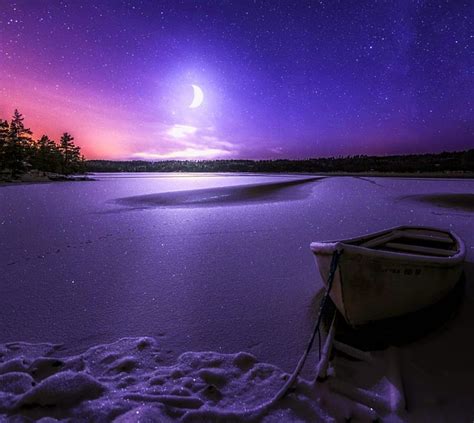 Winter Night Boat Lake Moon Hd Wallpaper Peakpx