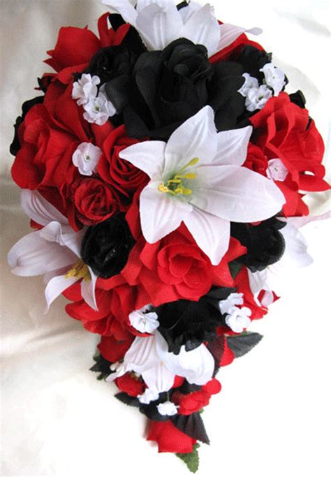 The beauty of choosing your artificial wedding bouquets from beautiful bouquets, is that your flowers will remain a timeless reminder of your wedding day. Wedding bouquet Bridal Silk flowers Cascade BLACK RED ...