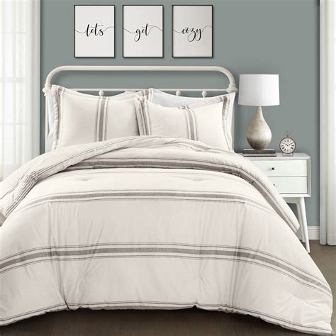 The most common king size comforter set material is cotton. Lush Decor Farmhouse Grey Stripe 3-Piece Comforter Set ...