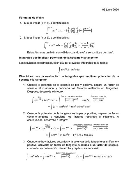 Fórmulas De Wallis 03 Junio Fórmulas De Wallis 1 Si ݊ Es Impar ݊≥