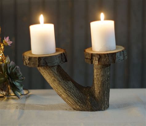Rustic Log And Tree Branch Candle Stand Wood Candle Holder Rustic Home Decor Reclaimed Wood