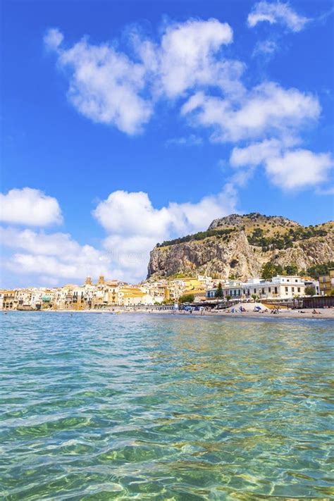 Cefalu Beach Cefalu Town Sicily Italy Stock Image Image Of