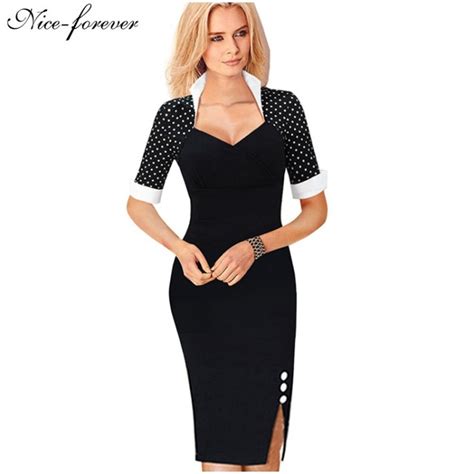 Nice Forever Polka Dots Elegant Women Patchwork Buttons Square Neck Sheath Dress Business Wear
