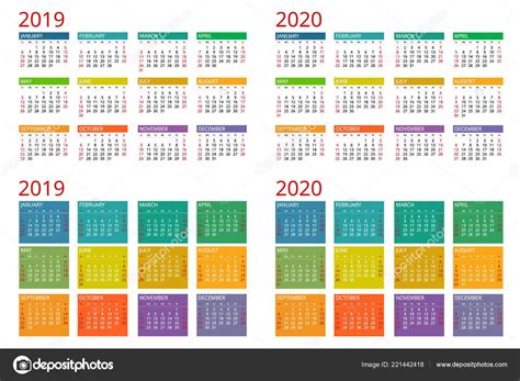 Template Calendar 2019 2020 Week Starts On Sunday Set Of 12 Months