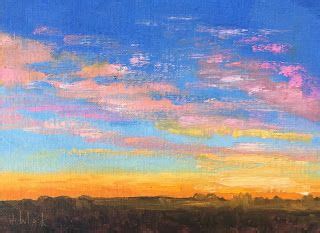An Oil Painting Of A Sunset With Clouds In The Sky