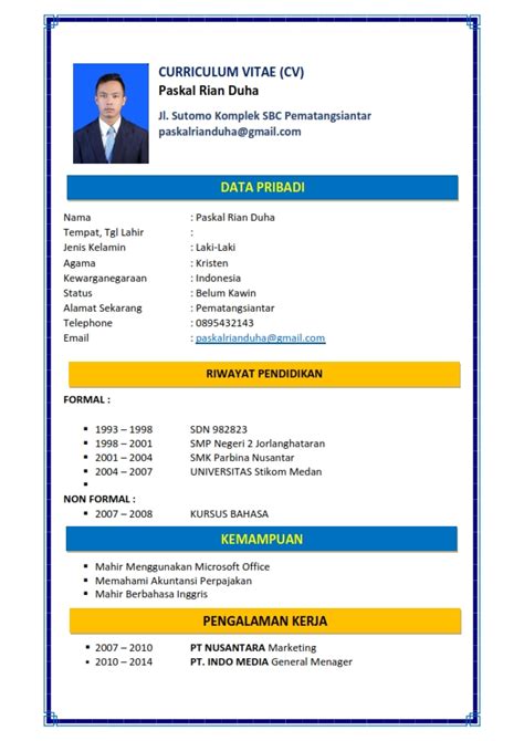 Berikut contoh curriculum vitae ( cv ) atau dalam bahasa disebut daftar riwayat hidup yang bisa anda gunakan sebagai referensi membuat curriculum vitae. Download Contoh Curriculum Vitae (CV) Microsoft Word Docx ...