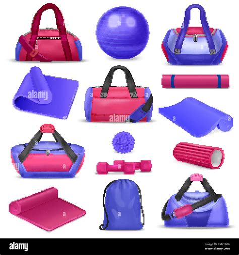 Realistic Pink And Blue Set Of Gym Bags Fitness Tools With Mats Roller