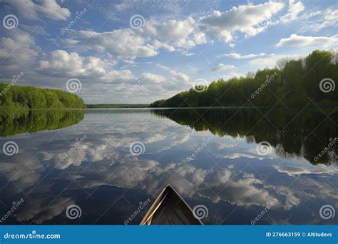 Canoe On Glassy Lake With Reflections Of Trees And Sky Visible Stock