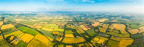 Aerial Panorama Over Patchwork Quilt Of Farms Fields Crops Pasture