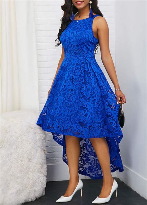 Sleeveless Royal Blue Round Neck High Low Lace Dress Usd