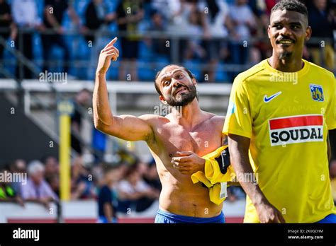 Westerlo S Halil Akbunar Celebrates After Winning A Soccer Match