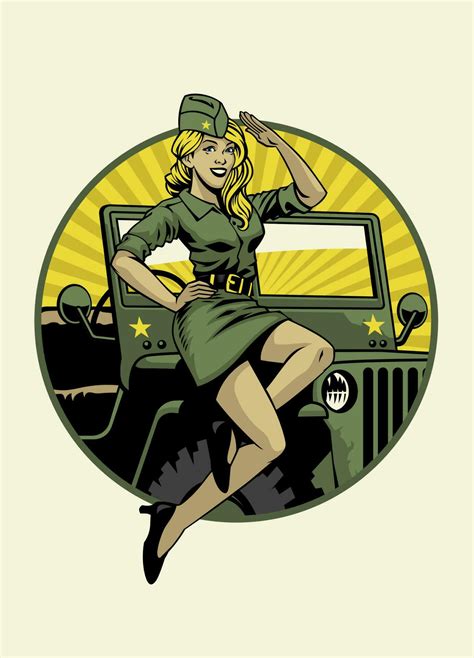 Vintage Military Pin Up Girl Posing On The Car Hood 23231514 Vector Art