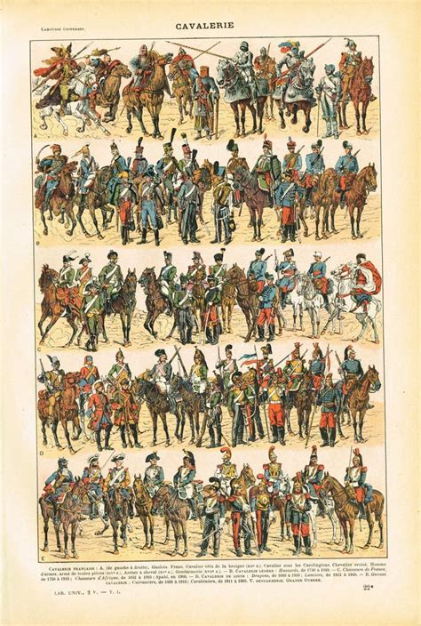 Vintage French Larousse Print Litograph Showing Cavalry Cavalerie