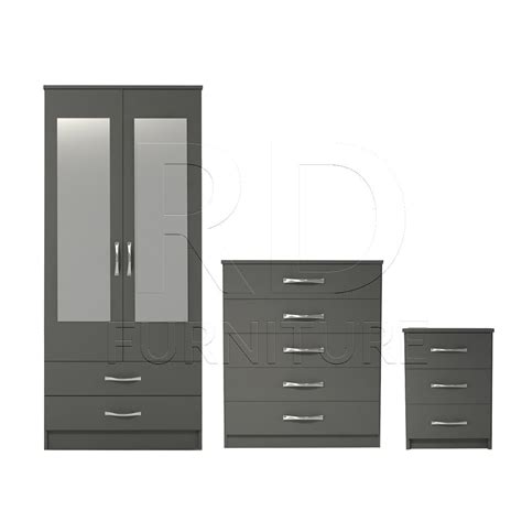 Ready Assembled 3 Pcs Classic 2 Door 2 Drawer Mirrored Wardrobe Chest