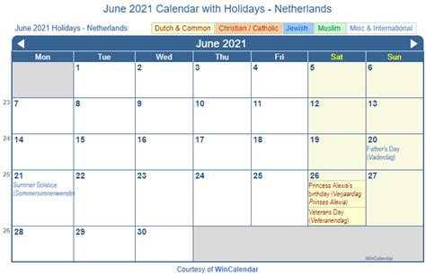 Print Friendly June 2021 Netherlands Calendar For Printing