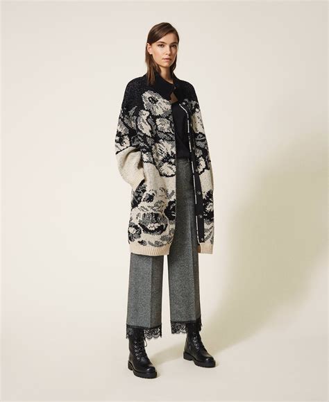 Floral Jacquard Knit Coat Woman Black Twinset Milano