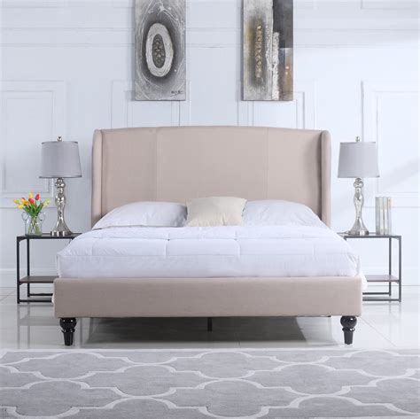 Classic Ivory Linen Platform Bed Frame With Upholstered Shelter Headboard Queen