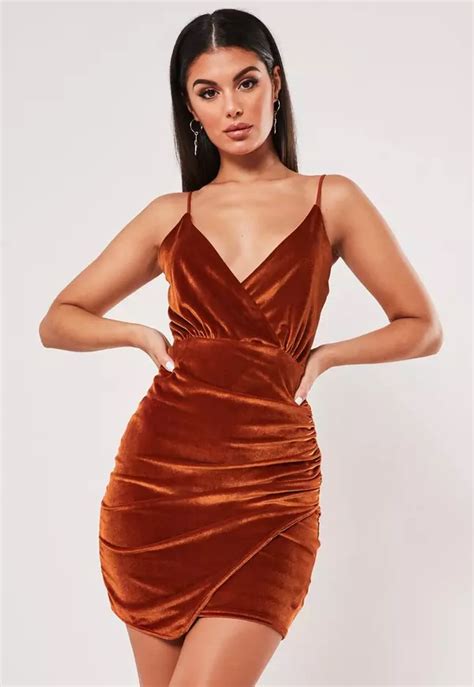 Rust Velvet Strappy Wrap Mini Dress Missguided Velvet Dress Short