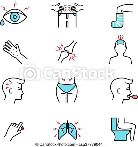 Illness And Diseases Symptoms Vector Outline Icons With Flat Elements