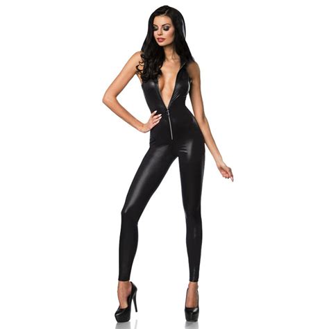 New Arrival Women Faux Leather Catsuit Sexy Sleeveless Bandage Bodysuit