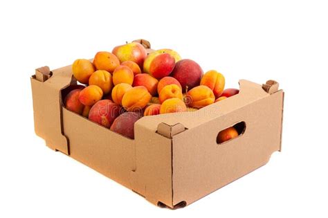 Fresh And Tasty Organic Fruits In Cardboard Box Isolated On White