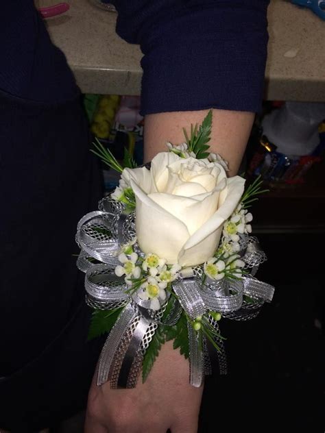 Single White Rose With Silver Ribbon Prom Corsage And Boutonniere Bridesmaid Corsage Rose