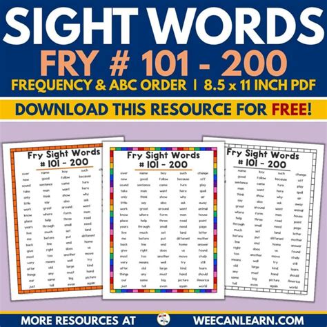 Fry Sight Word List 101 200 Alphabetical Frequency Free Download