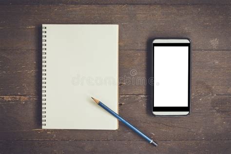 Blank Notebook And Phone Blank Screen For Advertising On Wood Ta Stock