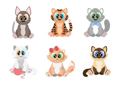 Cartoon Cats Set Cute Kittens Of Different Breeds With Big Eyes
