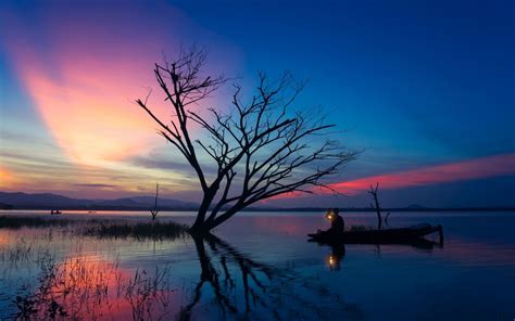 Картинка Bangpra Lake Sunset Fishing Asia Boat Thailand