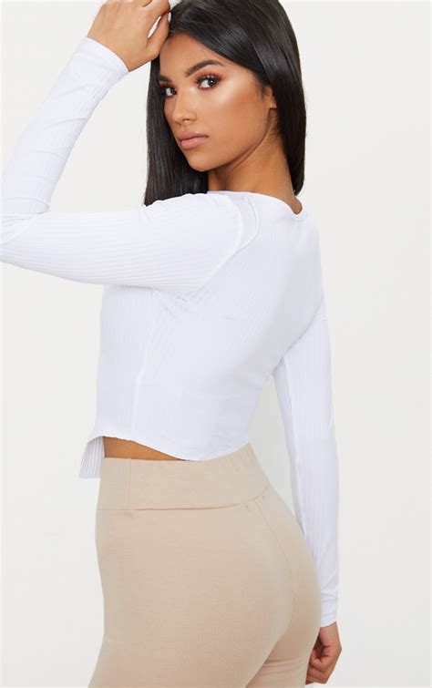 White Rib Cut Out Front Long Sleeve Crop Top Prettylittlething