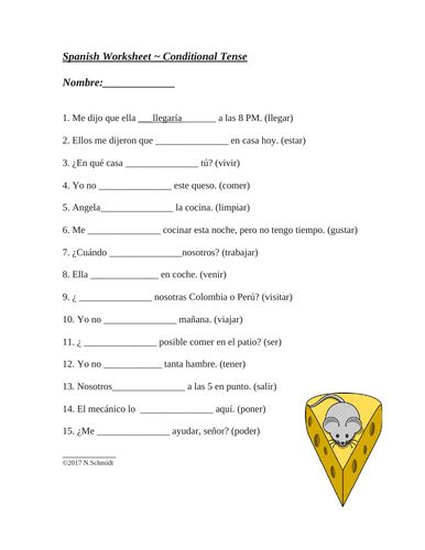 Spanish Worksheet Conditional Tense El Condicional Teaching Resources