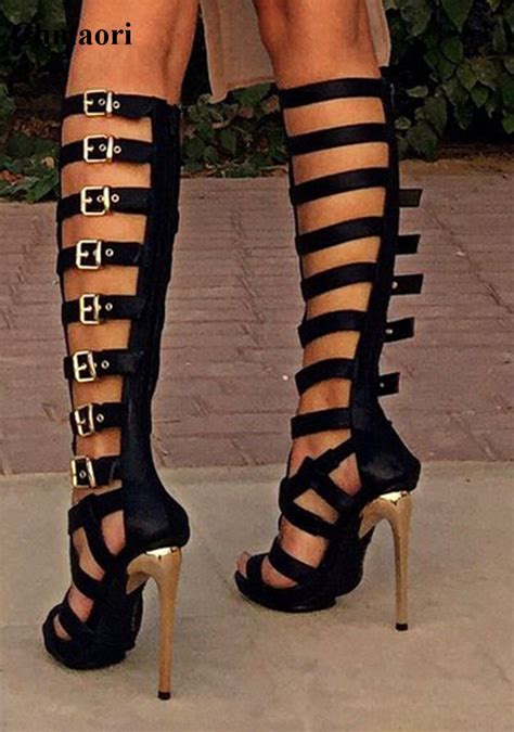 women fashion open toe black leather knee high gladiator boots cut out platform stiletto heel