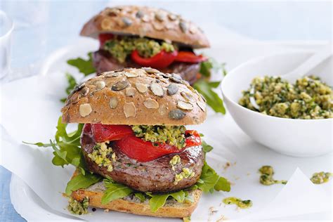 Lamb Burgers With Rocket Roast Capsicum And Green Olive Relish