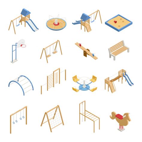 Children Playground Set Of Isometric Icons With Swings Slides