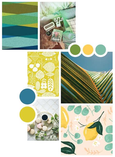A Bright Moodboard With Hues Of Green Yellow Teal And Blue Color