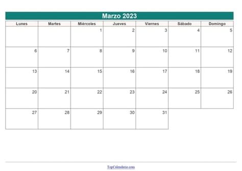Calendario Marzo 2023 Para Imprimir Mensual