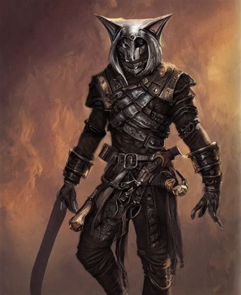 Humanoid Male Catfolk Rogue Wearing Leather Armor Stable Diffusion