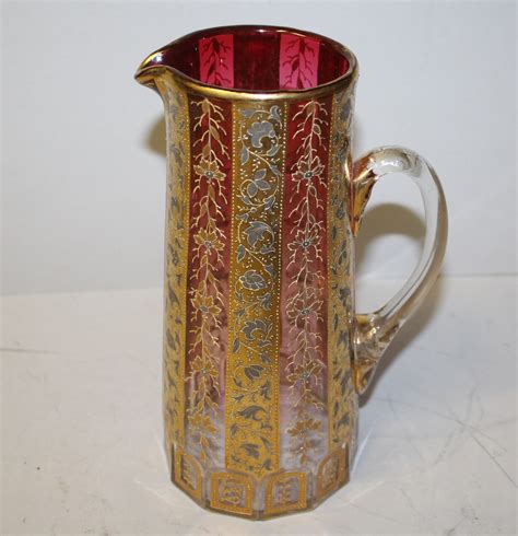 Bargain John S Antiques Moser Cranberry Art Glass Pitcher Done In Cranberry Gold And Platinum