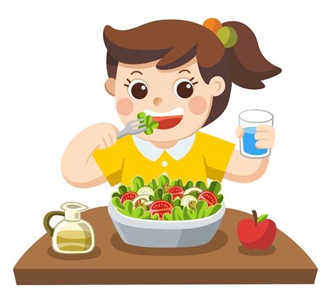 Una niña feliz de comer ensalada a ella le encantan las verduras Vector Premium