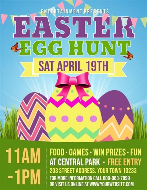 An Easter Egg Hunt Flyer With Eggs In Grass And Bunnies On The Ground