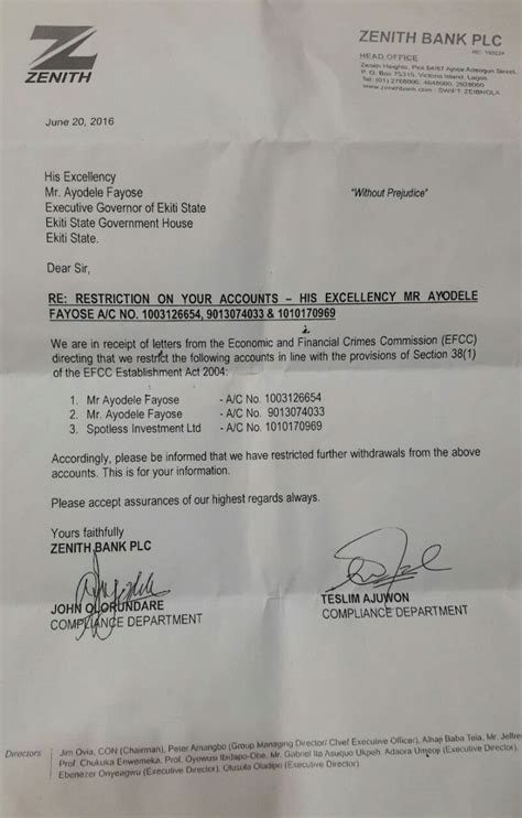 Sample application letter to bank manager for opening of bank account of your company employees, managers, executives and teachers. Zenith Bank's Letter Restricting Fayose's Accounts ( SEE ...