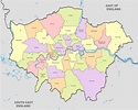Mapa dos 32 distritos (boroughs) e bairros de Londres